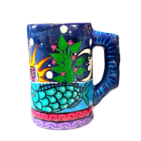 Hand Painted Sun Moon Fish Folk Art Mexican Style Celestial Fish Sun Moon Vintag - Picture 2 of 8